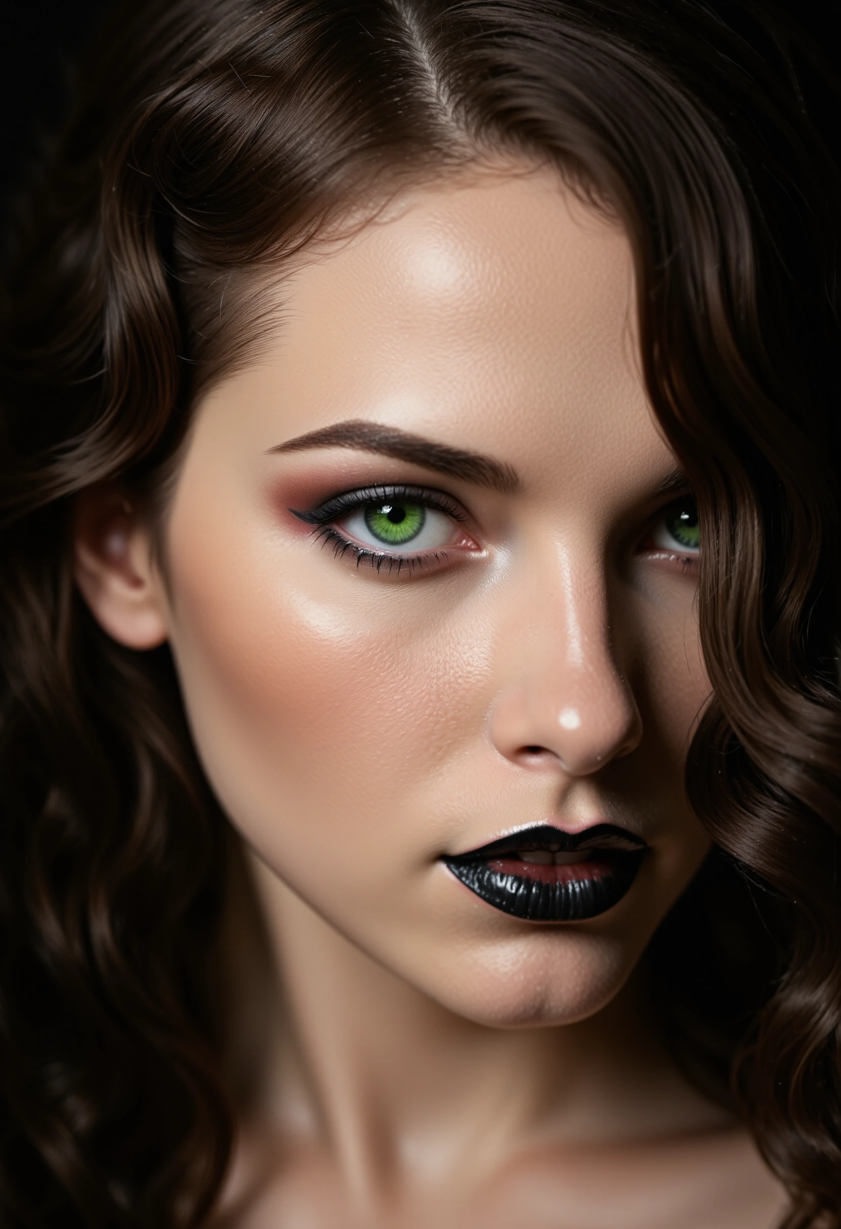 close up on face, great lighting, intricate detail, portrait of a female figure with fair skin. She has a piercing emerald green gaze. Her wavy dark brown hair frames her face. Her lips are beautiful and express a confident superiority. She wears black lipstick. High Detail, Perfect Composition, realistic photographic image, interesting backlighting, ArsMJStyle, dnddarkestfantasy, mythp0rt