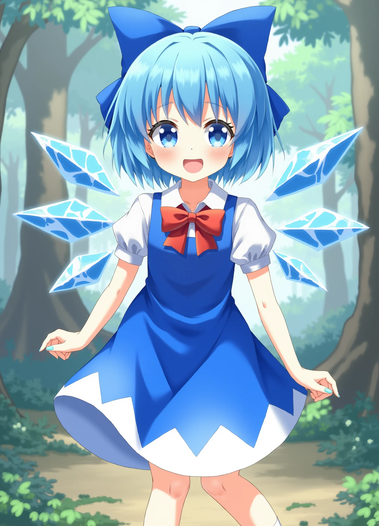 detailed digital anime illustration, 1girl, cirno, standing, solo, bow, wings, blue hair, blue eyes, dress, open mouth, ice wings, smile, ice, blue bow, short sleeves, blue dress, short hair, hair bow, puffy sleeves, shirt, looking at viewer, white socks, puffy short sleeves, blue nails, white shirt, socks, blush, red bow, collared shirt, red bowtie, bowtie, pinafore dress, sleeveless, sleeveless dress, outdoors, forest, detailed background