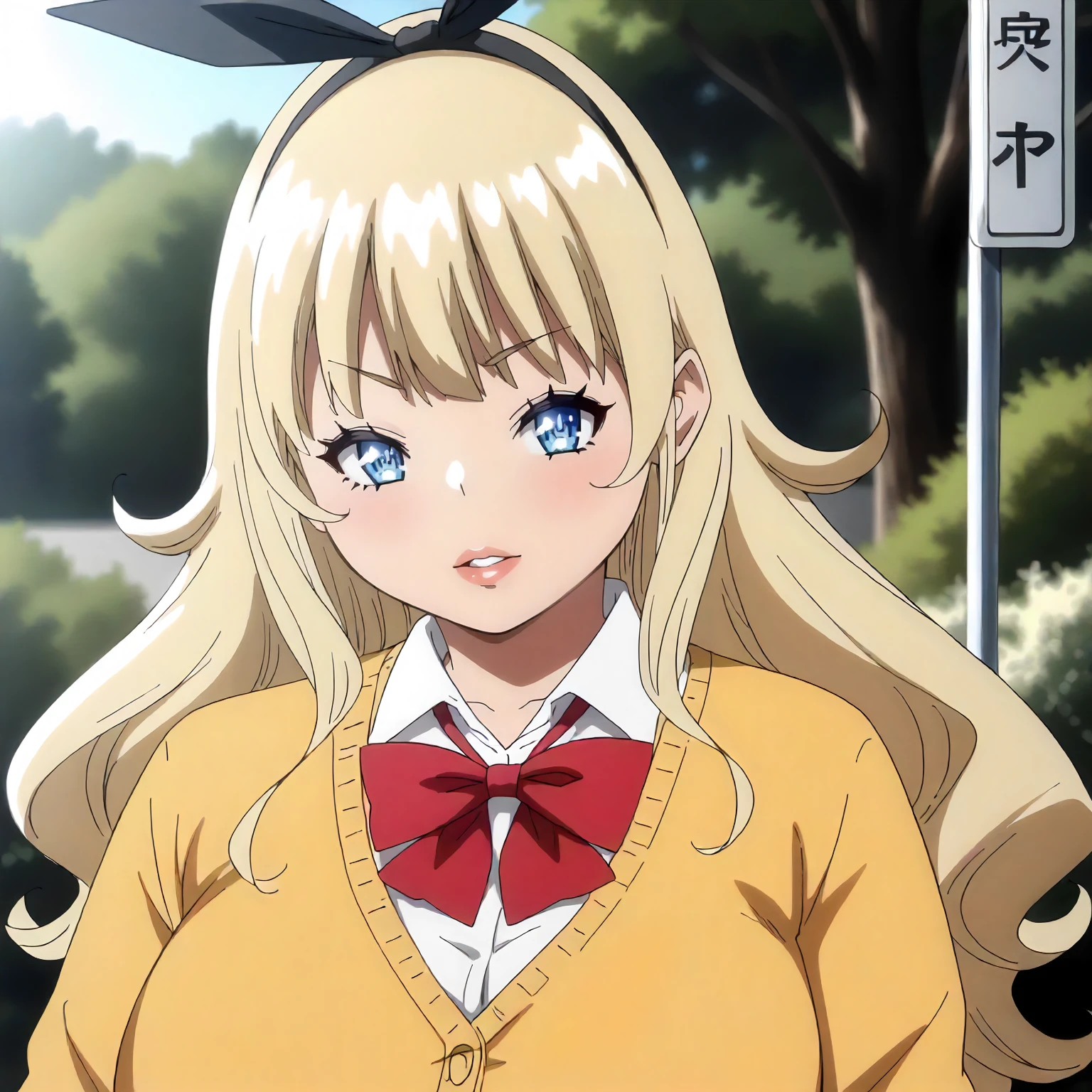 <lora:BnHgDR_RinaXLpony001>,
outdoors,
parted lips,
solo,
Rina,1girl,blonde hair,ribbon,hairband,long hair,blue eyes,
large breasts,
yellow cardigan,red bow tie,