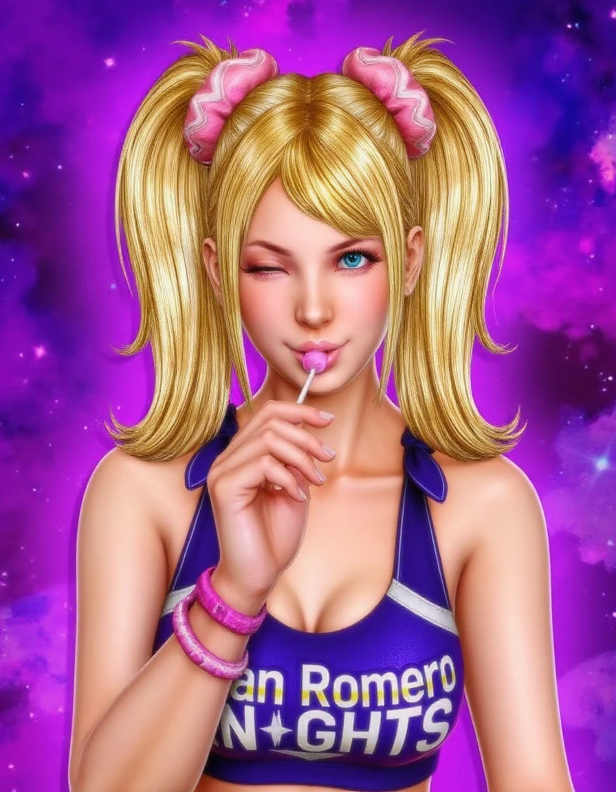 Juliet Starling with a playful expression. She winks and smiles at the viewer adding a flirtatious touch.She is holding a lollipop in her mouth. She is wearing a purple sleeveless top with text "San Romero KNIGHTS". The background is a vibrant purple with a starry effect giving it a cosmic or sci-fi feel. The illustration is highly detailed with a glossy finish that highlights the textures of her hair and clothing. The pose and expression suggest she is confident and ready for adventure or action.