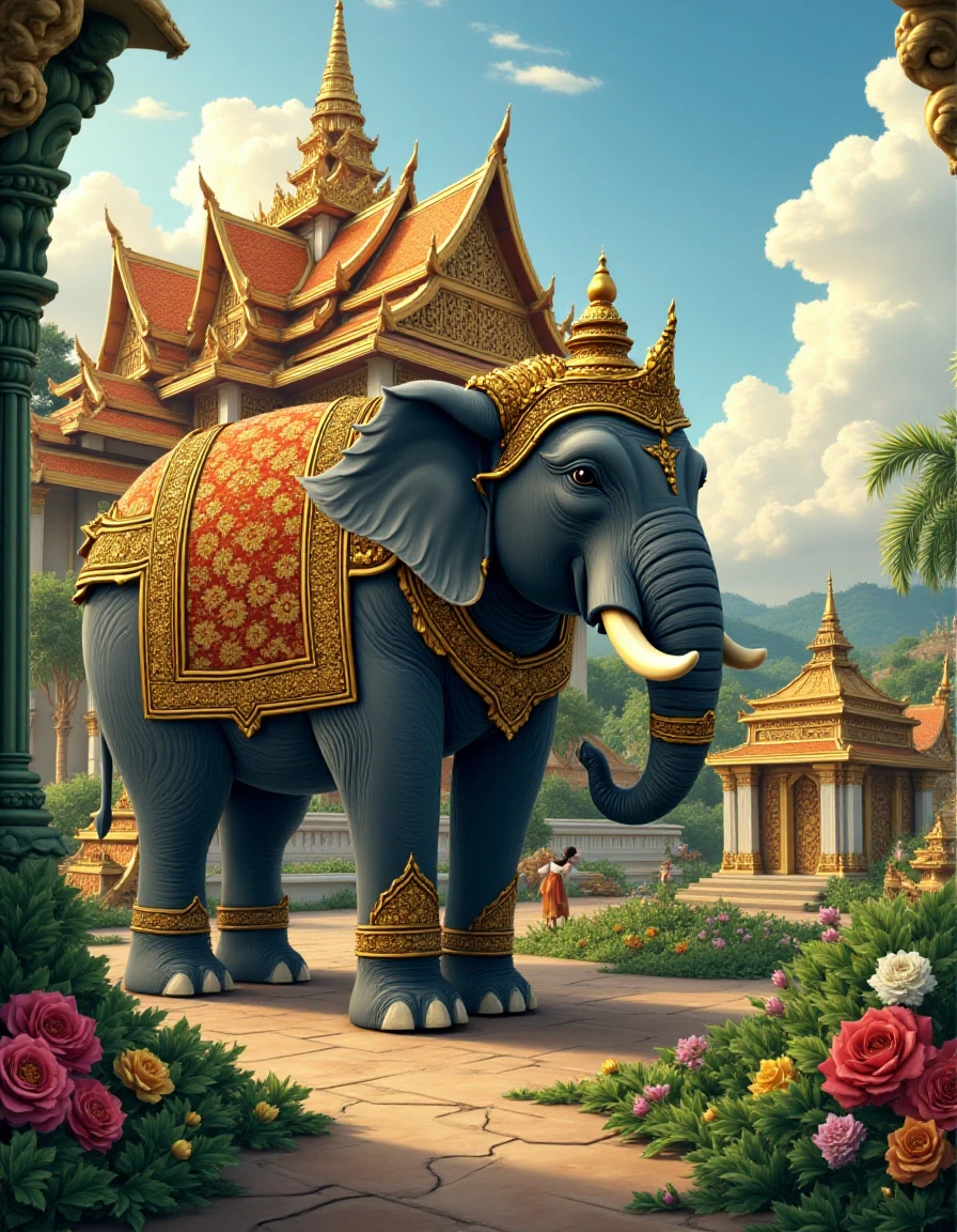 <lora:Ramayana:1:2>, (((Ramayana))), The backdrop is a Thai-style palace. and has a flower garden Virtual image, (((Thai art style, High Detail))), sky background, (((realistic))), high quality, (elephant), realistic, cinematic, 8k, movie, very detailed