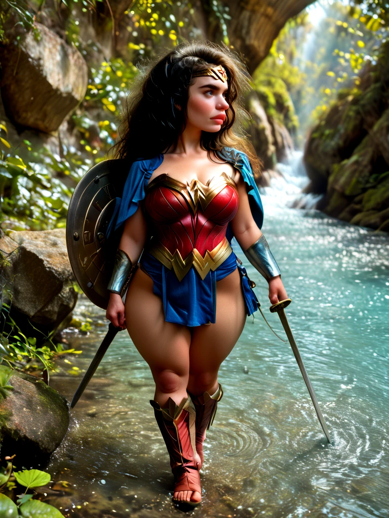 <lora:Shortcake:.8>, [score_9, score_8_up, score_7_up, score_6_up, score_8],  zPDXL2, source_photo, source_real, real life photo, 1girl + woman, (sh0rtc4ke:1.4), (wonder woman) + black hair + tiara + star emblem + armor + amazonian design + golden lasso + wrist guards + boots + knee-high + shield + sword + determined expression + cape + flowing + bracelets