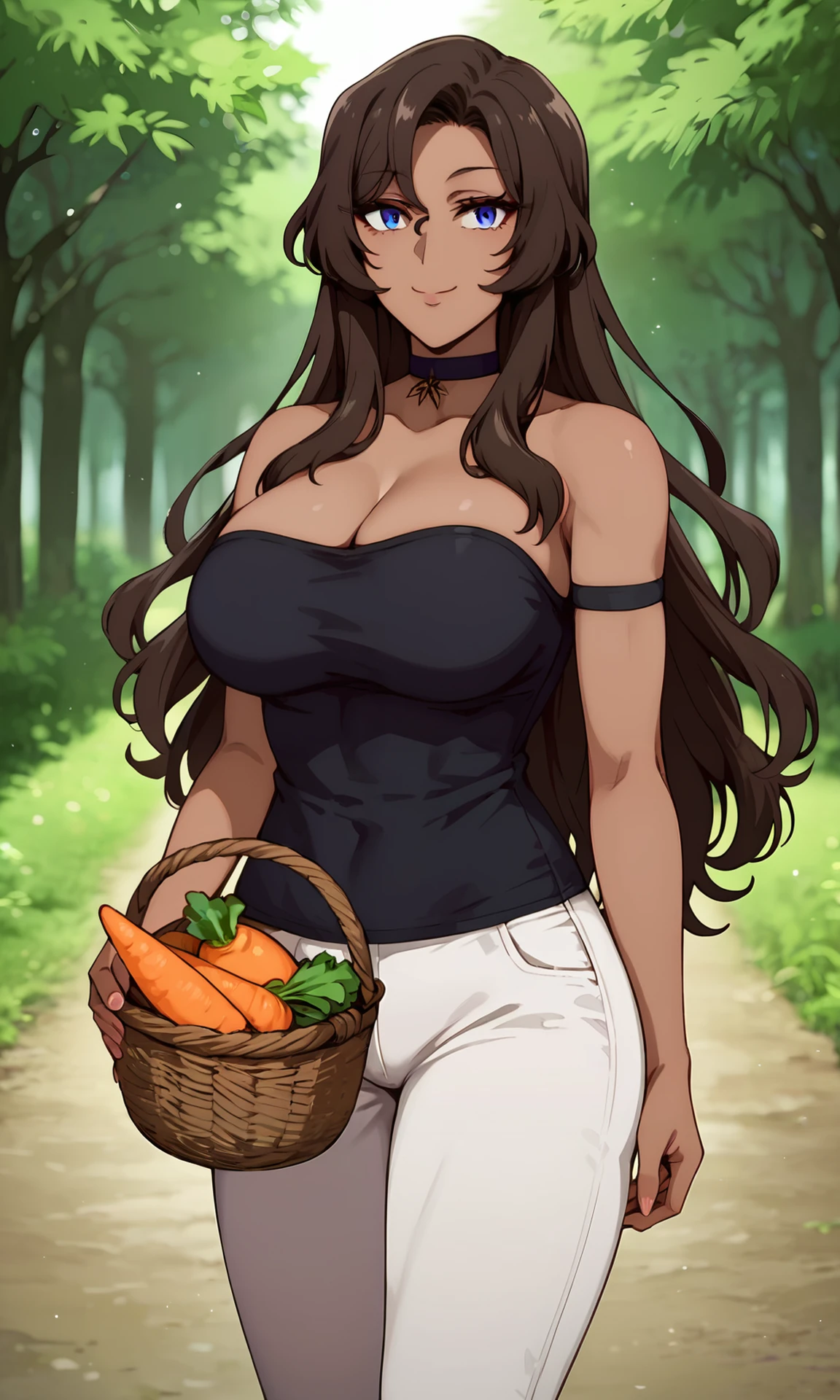 score_9, score_7_up, source_anime,  <lora:whitcher_viola:1> violawz,  dark skin, choker, long hair, blue eyes, brown hair, large breasts cleavage, black strapless shirt, bare shoulders, white pants, holding carrot, holding basket, light smile, outdoors, nature, looking at viewer,