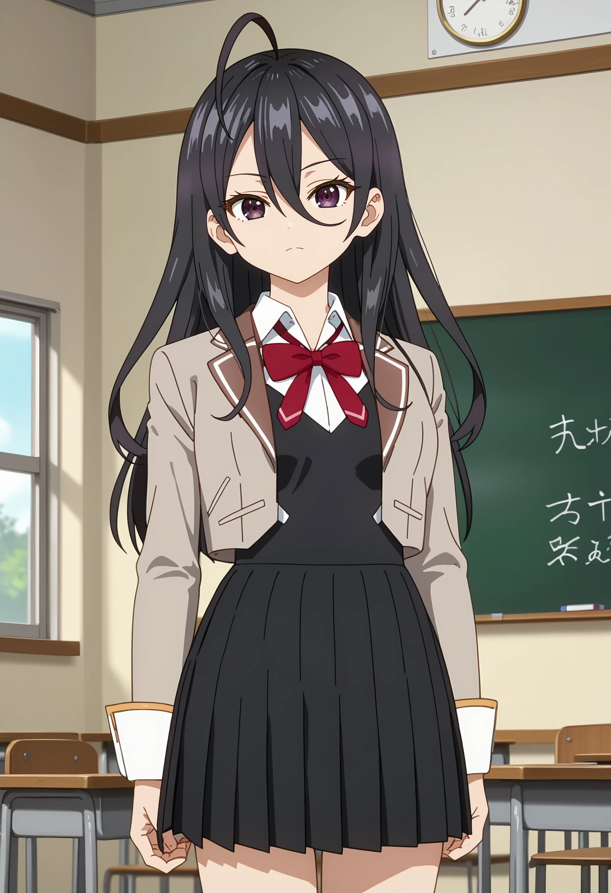 score_7_up, anime screencap, anime coloring,
<lora:Roshidere_KimishimaAyanoXL:0.9>,
1girl, solo, closed mouth, head tilt,
long hair, black hair, ahoge, hair between eyes, purple eyes,
AyanoSchool, cropped jacket, brown jacket, red bowtie, white shirt, black vest, long sleeves, sleeve cuffs, pleated skirt, black skirt,
arms at sides, (thigh gap:1.2), standing, looking at viewer, cowboy shot,
blurry background, indoors, classroom