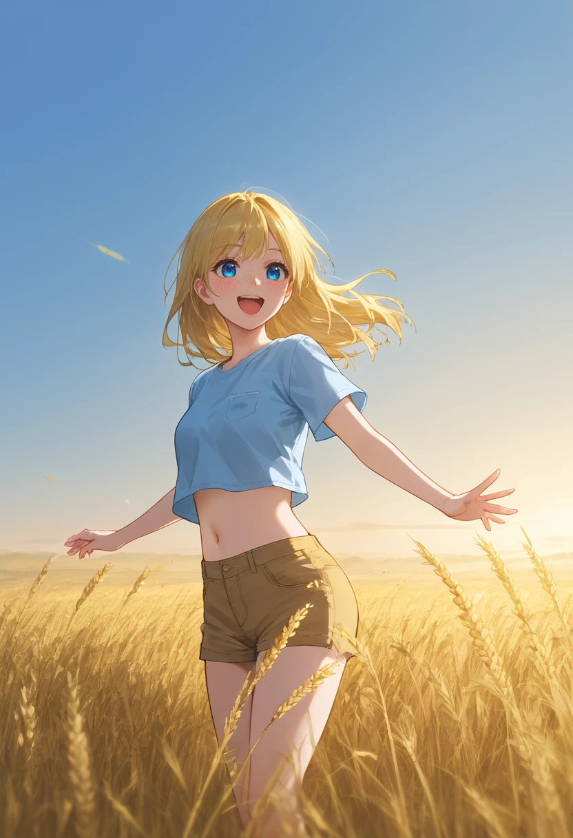 beautiful lighting, outdoors, blonde texas woman, blue eyes, freckles, midriff, wheat field, happy,, anime,