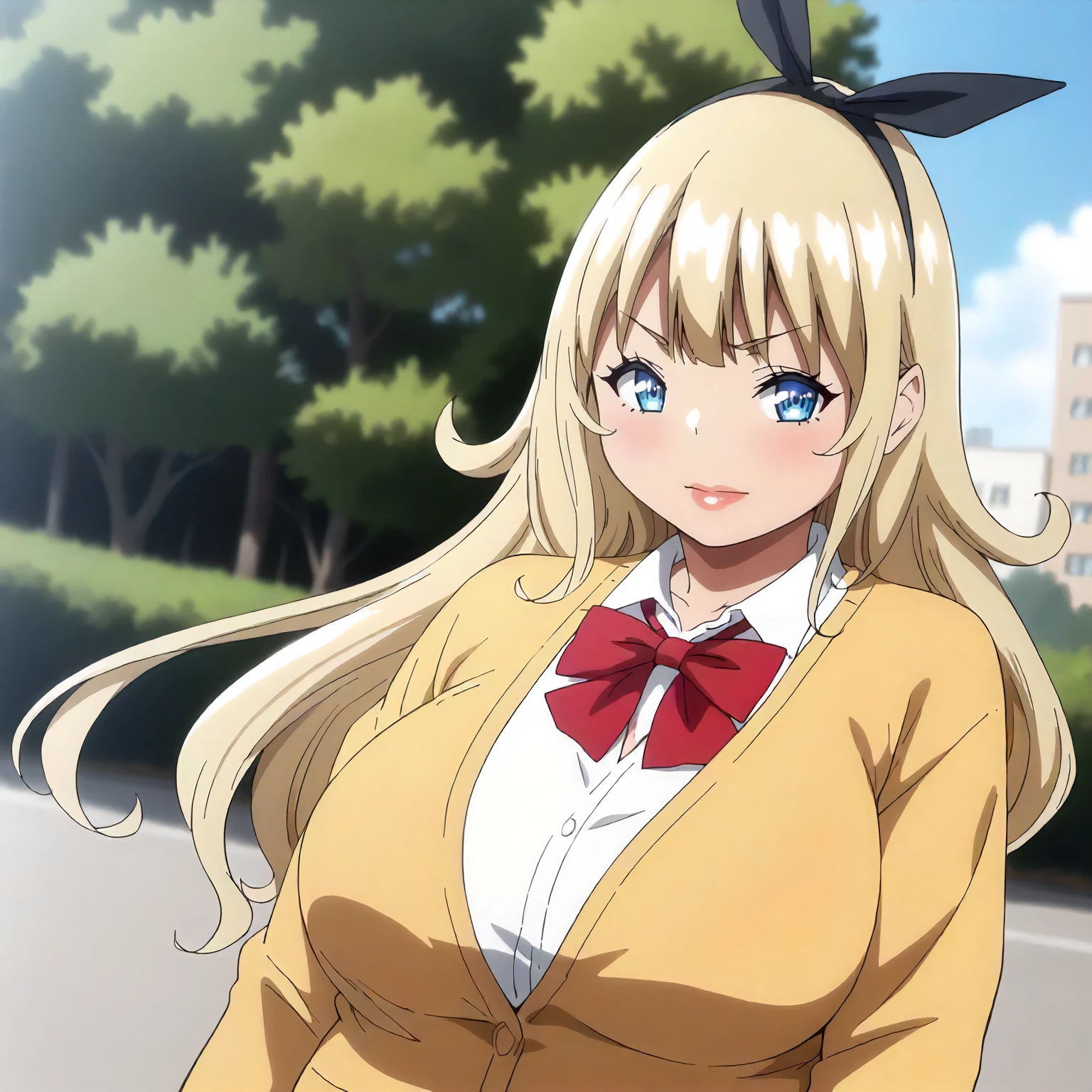 <lora:BnHgDR_RinaXLpony001>,
outdoors,
solo,
Rina,1girl,blonde hair,ribbon,hairband,long hair,blue eyes,
large breasts,
yellow cardigan,red bow tie,