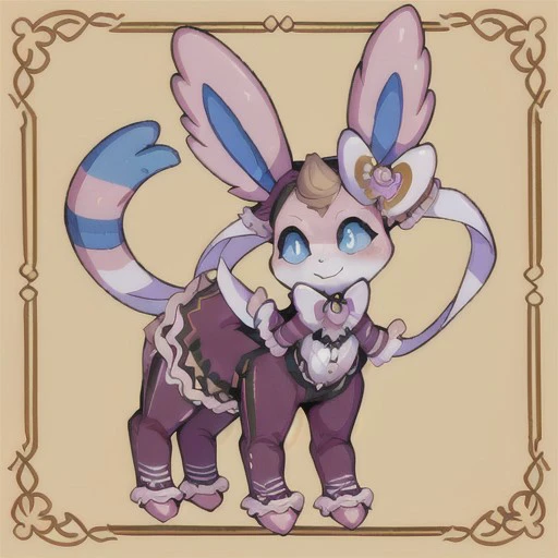 cute happy eeveelution, sylveon, outfit,, standing up, kemono