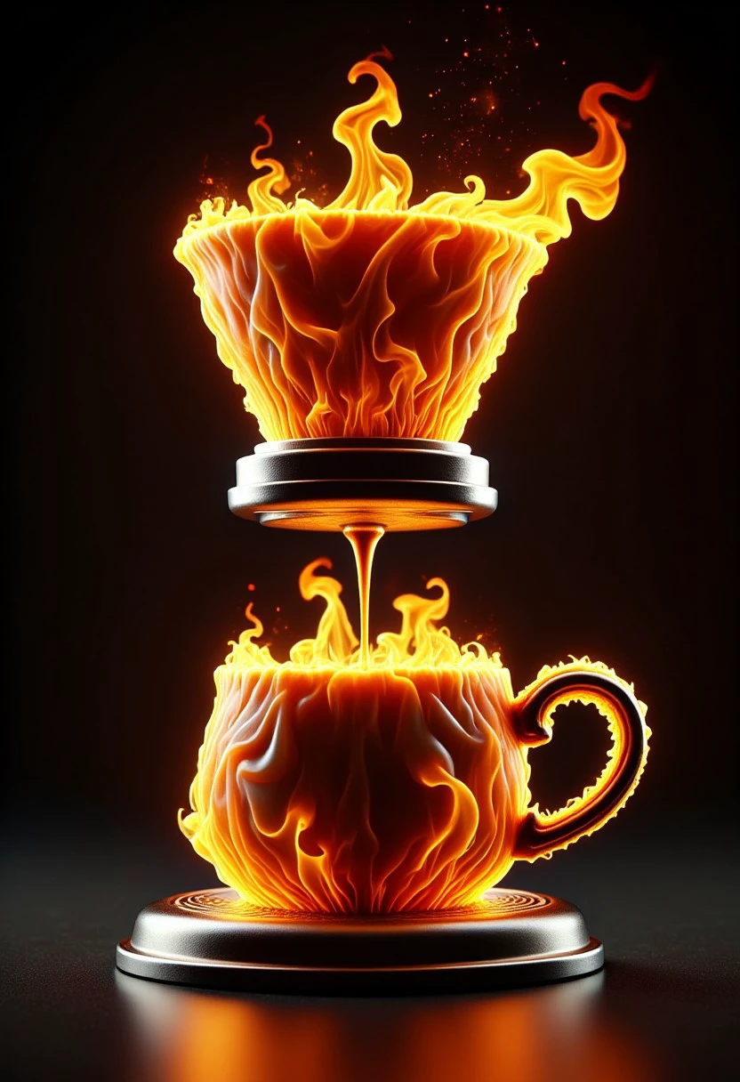 a flaming modern coffee maker brewing a cup of flaming coffee made entirely of flames.