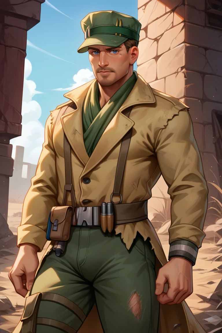 score_9, score_8_up, score_7_up, score_6_up, perfect anatomy, perfect proportions, best quality, masterpiece, high_resolution, high quality, best aesthetic, incredibly absurdres, highres, extremely detailed, huge filesize, mature, masculine, manly, virile, handsome, charming, alluring, bara, male focus, solo male, cowboy shot, dutch angle, source_game \(Fallout 4\), official style \(Fallout 4\), Robert MacCready\(Fallout 4\), FO4MacCready, brown hair, short hair, blue eyes, facial hair, beard, MacCready_Outfit, white undershirt, tan duster coat, heavily damaged leather duster, green scarf, utility cover, utility cap with two rifle rounds, combat webbing sling, olive green fatigues pants, tactical pouch on right thigh, leg bandolier, Fallout 4 location, post-apocalyptic ruins, desolated landscape, dark blue sky