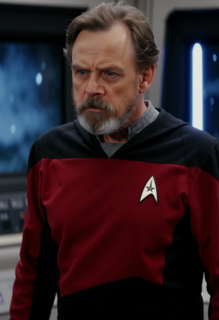 Luke Skywalker stands tall in a close-up, wearing Captain Jean-Luc Picard’s red and black uniform from Star Trek: The Next Generation. His expression is stern yet focused, as the light from a starship console softly illuminates his face. The Starfleet insignia glimmers on his chest, contrasting with his grizzled beard and Jedi-like presence. A faint glow from the stars outside the viewport highlights the edges of his figure, blending the worlds of Star Wars and Star Trek. His eyes, sharp and alert, convey wisdom and experience from battles fought across galaxies. A sense of authority and calm radiates from him as if he’s preparing to command a new adventure.