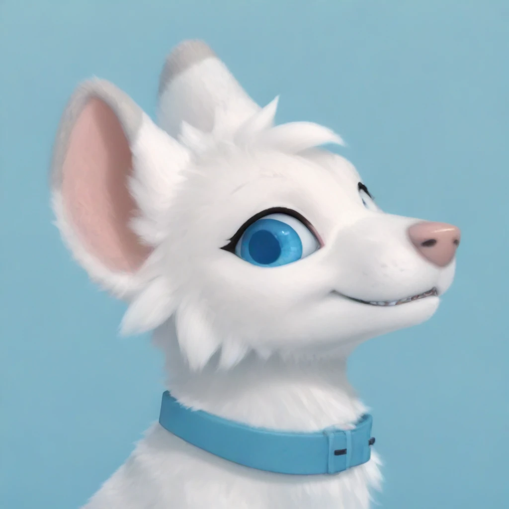 score_6_up, score_5_up, score_4_up, portrait, face shot, source_cartoon, male, wolf, white fur, feral, looking at viewer, side view, collar, ears up, wide eyes, happy, smile, fangs, light blue background, presenting paw, paw, big ears