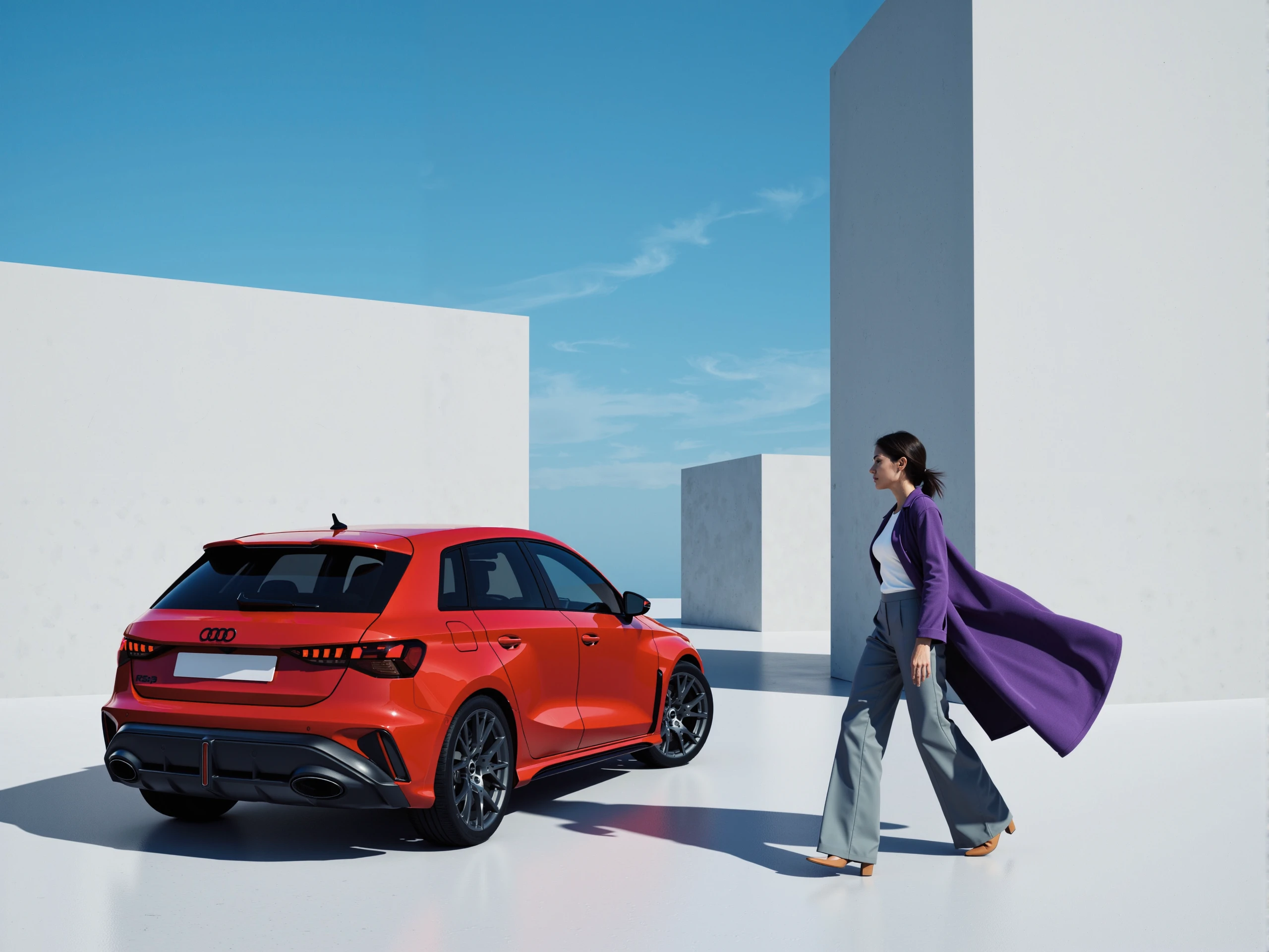 In this modern, minimalist setting, the red Audi RS3 commands attention as it stands boldly against the stark, concrete architecture and open blue sky. The RS3's deep red color gleams in the sunlight, its sleek curves and aggressive lines accentuated by the sharp contrast of the clean, angular environment. The sporty rear design of the car, with its signature LED taillights and quad exhausts, reflects power and precision, perfectly suited to the futuristic vibe of the scene.

Next to the car, a model strides confidently, embodying a sense of high fashion and avant-garde style. She is dressed in a flowing, purple long coat that adds a dramatic flair, with the coat billowing slightly as she walks. Underneath, she wears a tailored, light gray ensemble consisting of wide-leg trousers and a sleek, minimalist top. The monochromatic base of her outfit is punctuated by the rich purple of the coat, creating a sophisticated, modern look that complements the RS3's bold red hue.

The lighting in the scene is crisp and clear, with natural daylight casting sharp shadows across the concrete walls and ground. The interplay of light and shadow creates a dynamic, architectural feel, with the sunlight emphasizing both the sleekness of the Audi RS3 and the flow of the model's outfit. The harsh lines of the concrete structures and the open, expansive sky give the setting a futuristic, almost otherworldly atmosphere, with the RS3 and the model appearing as symbols of modern luxury and elegance.

The overall style of the scene is clean, refined, and forward-thinking, blending cutting-edge automotive design with high fashion. The simplicity of the environment, coupled with the boldness of the car and the model's dynamic movement, creates a powerful visual statement of modernity and sophistication.