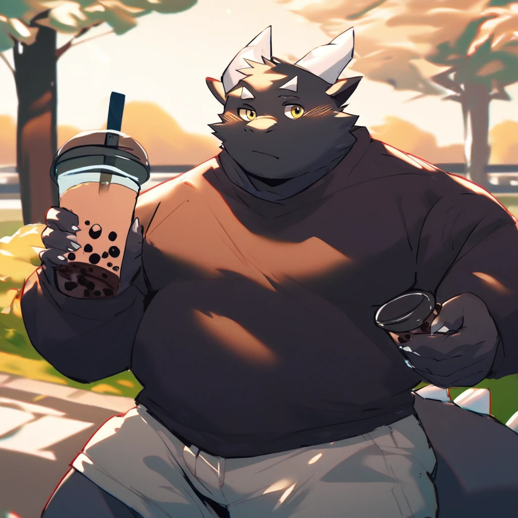 score_9_up, score_8_up, score_7_up, source_furry, mikus-Tongmung24, black dragon, black body, white horns, yellow eyes, park, holding, bubble tea, black sweater, gray shorts, 1boy, solo