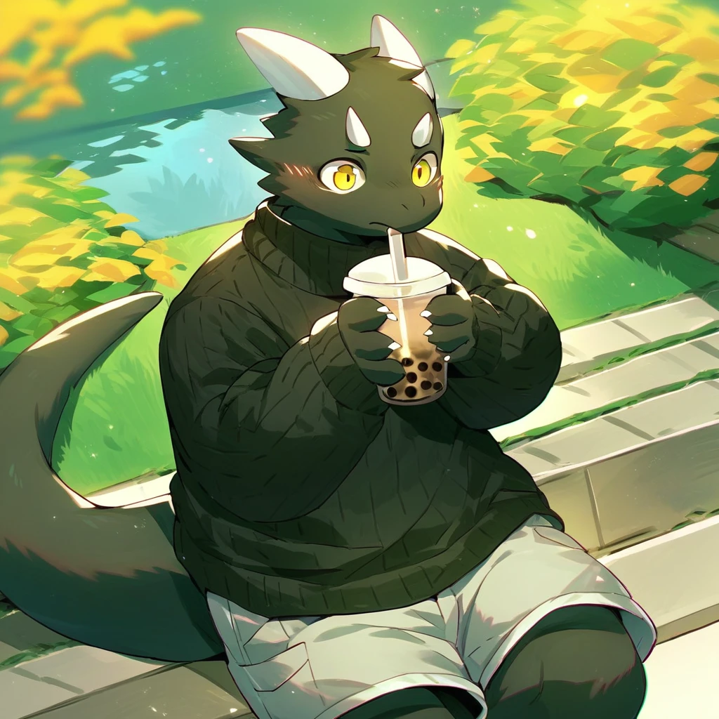 score_9_up, score_8_up, score_7_up, source_furry, mikus-M0fuch4, black dragon, black body, white horns, yellow eyes, park, holding, bubble tea, black sweater, gray shorts, 1boy, solo