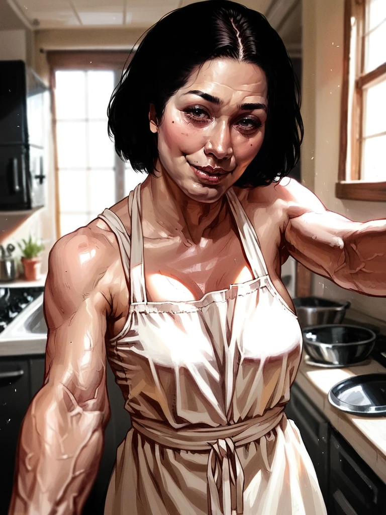 pov selfie, portrait of beautiful human milf in white apron, seductive smile, bare shoulders, short black bob hair, kitchen, window, steam, <lora:Seung_Eun_Kim-000020:0.8>, score_9, score_8_up, score_7_up, realistic