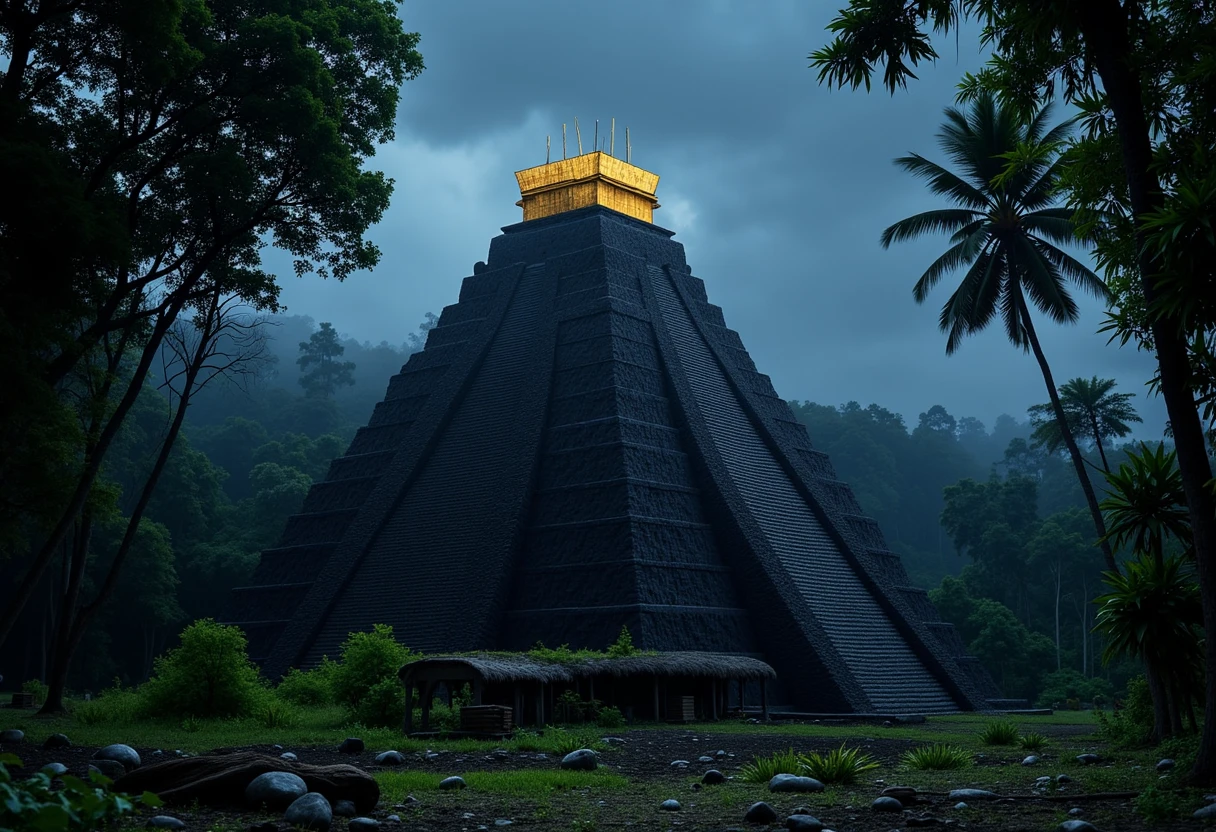 NCFE, a sandwashed black pyramid with a golden top at night in a mayan jungle