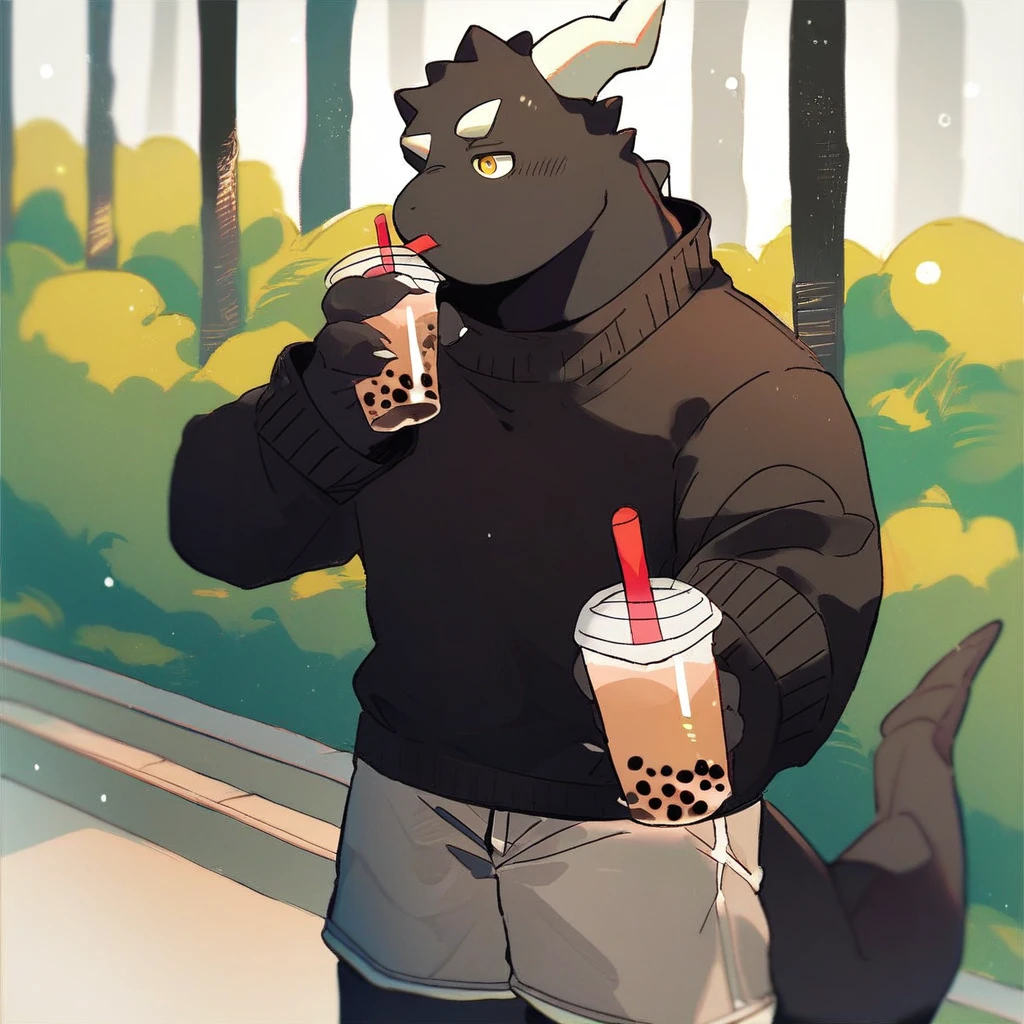 score_9_up, score_8_up, score_7_up, source_furry, mikus-style, black dragon, black body, white horns, yellow eyes, park, holding, bubble tea, black sweater, gray shorts, 1boy, solo