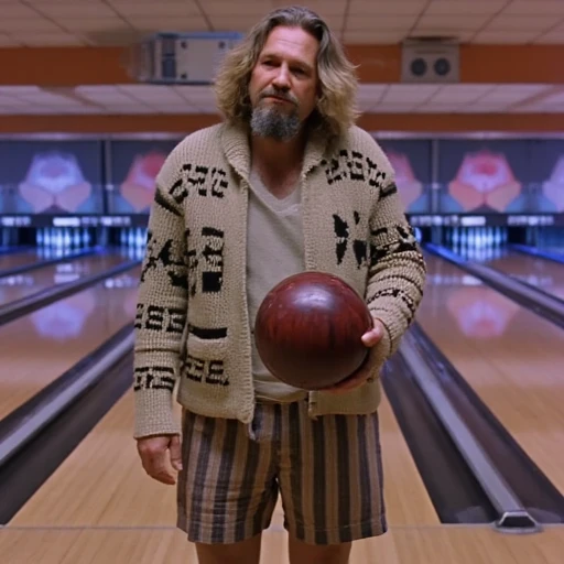 The Dude, standing in a bowling alley, wearing his signature sweater and shorts, holding a bowling ball, with neon lights reflecting off the lanes in the background. Relaxed and carefree