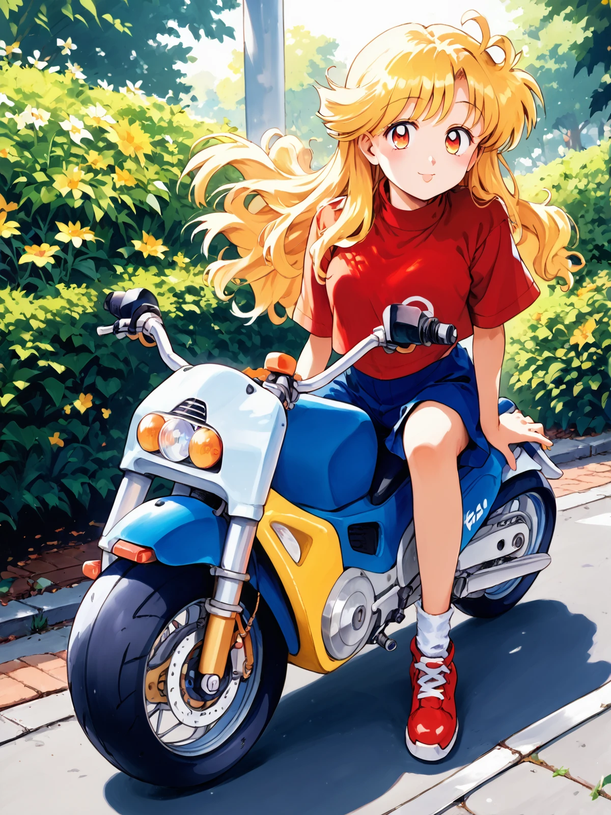 score_9, score_8_up, score_7_up, source_anime, traditional media, 1990s \(style\), retro artstyle, high res image, cute face, shiny hair, ultra detailed eyes, full body, bikid's!, solo,1girl kazane mai with blonde kinky long hair sitting on scooter with long handlebars, datch angle, outdoors, beautiful detailed background,<lora:kazuka_tokio_bikids_and_kazagake_shohjogumi-000035:1>