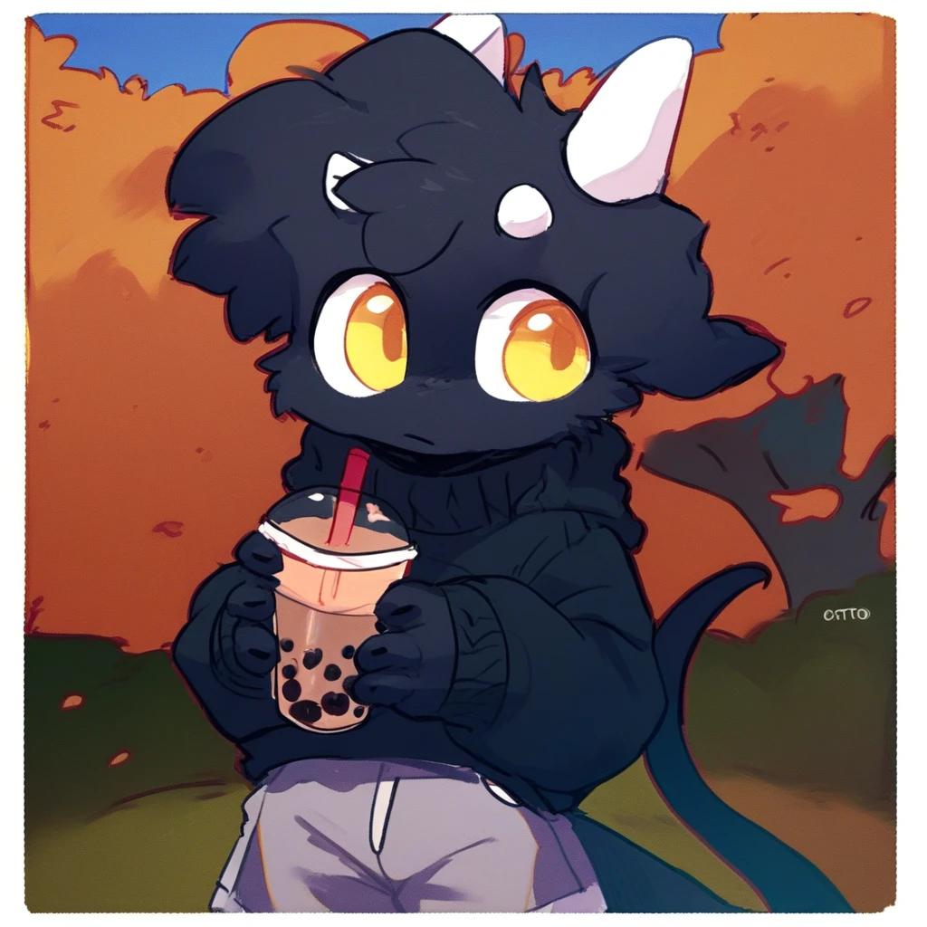 score_9_up, score_8_up, score_7_up, source_furry, mikus-CopiTheCat, black dragon, black body, white horns, yellow eyes, park, holding, bubble tea, black sweater, gray shorts, 1boy, solo