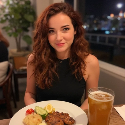 a woman sitting at a table with a plate of food in front of her and a drink in her hand