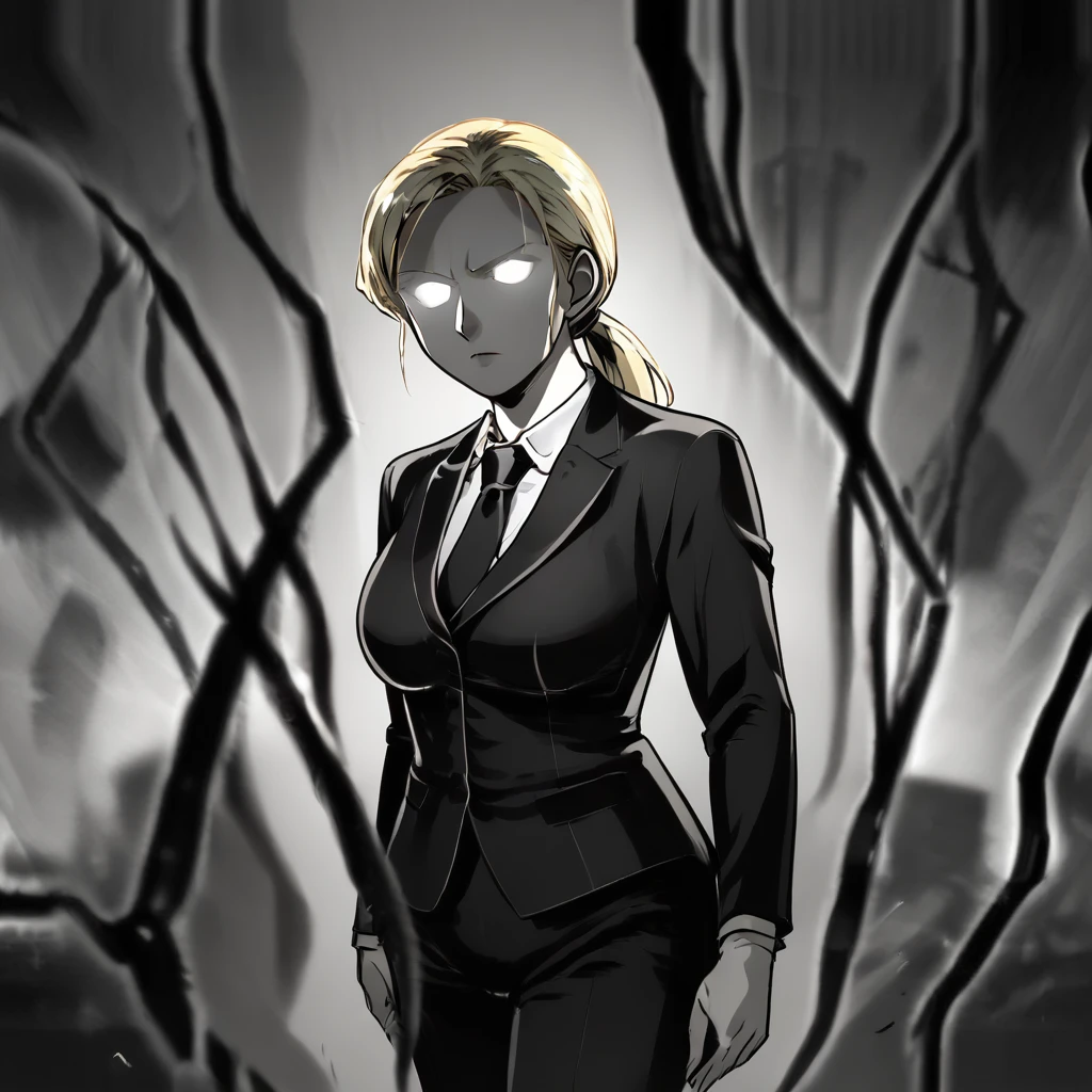 score_9_up, score_8_up, BREAK, RageMode, no pupils, glowing eyes, monochrome, greyscale, 1girl, solo, blonde hair, ponytail, cowboy shot, formal, black suit, white shirt, necktie, black pants,  <lora:RageMode_MobPsycho100_PXL_Leaf1:1>