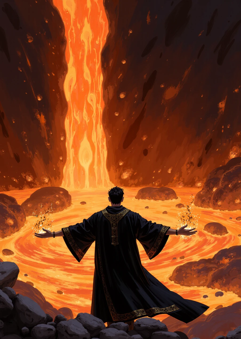 An illustration of a man in front of a lava waterfall he's casting fire magic, black and gold robe.