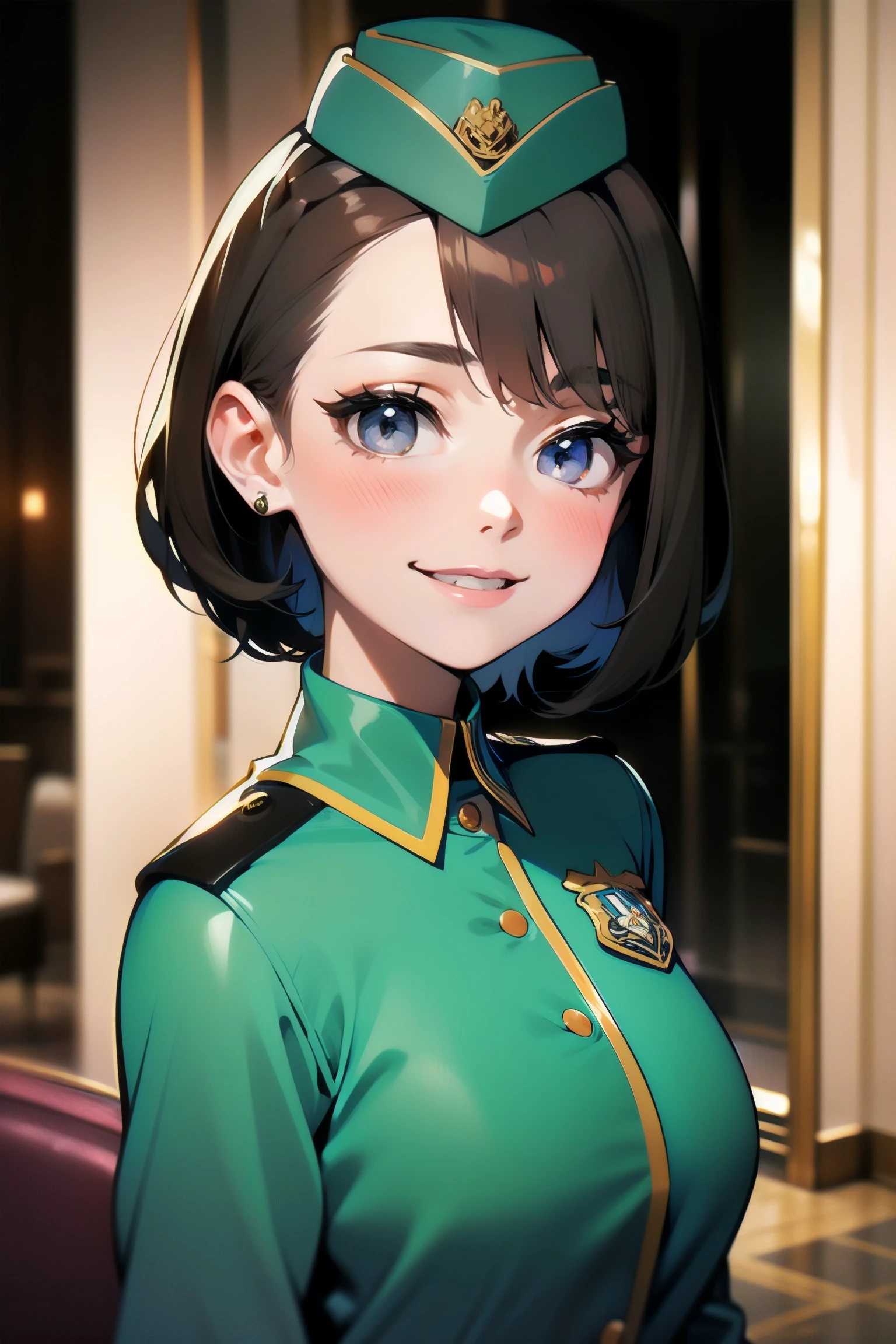 1girl, (solo), medium brown hair, french twist, thick, large breasts, deep green costume, garrison_cap, <lora:garrison_cap_v1:1>, name_badge, bust shot, in hotel lobby, in luxury room, (masterpiece:1.4), extremely detailed, (high resolution), (best quality),