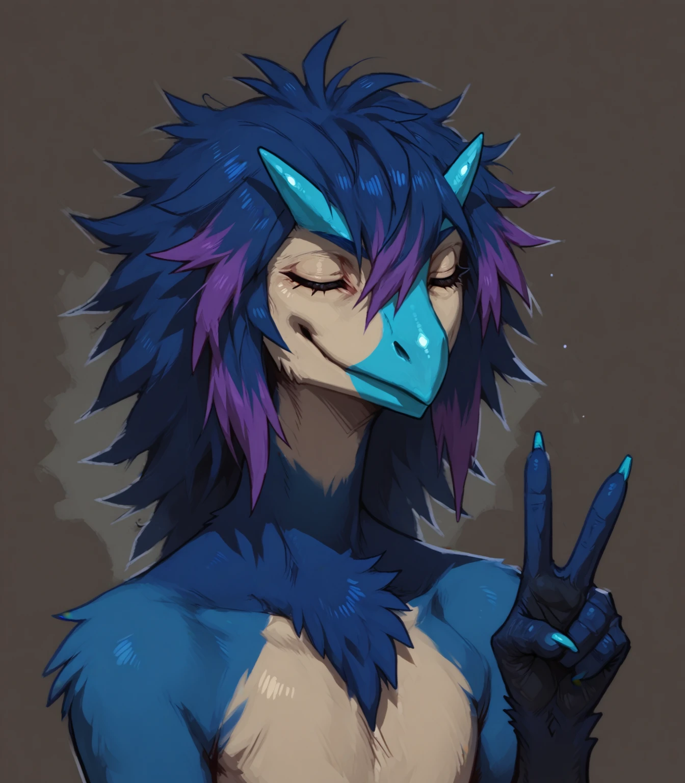 (score_9, score_8_up:1.1), detailed, bust portrait, abstract background,
BREAK
male nevrean, slim, eyes closed, v sign, scuted hands, blue body, tan belly, blue beak, blue horn, tan face, blue hair, purple highlights, messy hair, 
smile, happy, 
<lora:nevreans_v1.0_pdxl:0.7>, <lora:Concept Art DarkSide Style PDXL>, <lora:sdxl_lightning_8step_lora>, <lora:PDXL_artist_tags_v2_big>,