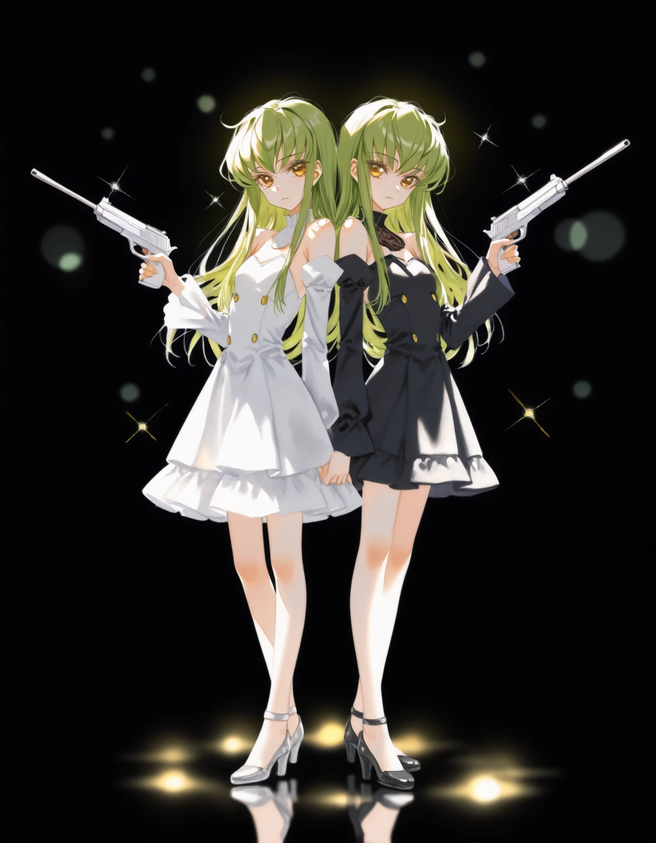 (by quasarcake:1.2), watercolor \(medium\), 2girls, clone, holding gun, c.c., code geass, armpit crease, bare shoulders, black background, black sleeves, bokeh, depth of field, detached sleeves, dress, green hair, long hair, long sleeves, looking at viewer, messy hair, skinny, sparkle, full body, yellow eyes