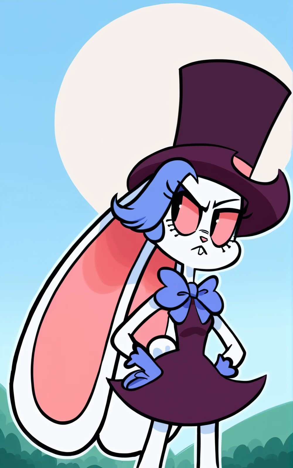 score_9, score_8_up, score_7_up,((best quality)), absurdres,<lora:BolivanteStyle:0.8>,  <lora:DaneldaPXL:0.8>,DaneldaPXL,blue gloves, short hair, blue hair, black eyes, rabbit ears, purple dress,pink sclera,gloves, hat, dress, bow, animal ears, furry, top hat, rabbit girl, furry female,outside,annoyed, hands in hip, blue sky