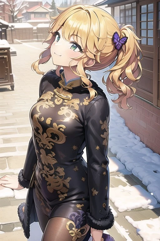 intricate details, finely detailed, <lora:Add Detail:0.4>, (masterpiece), best quality, high resolution, highly detailed, detailed background, thin, small size, ((curved)), colorful backgrounds, ((st_style)), sunny, st_izumi,  butterfly hair ornament, side ponytail, on a snowy street, chinese clothes, winter, walking, black fur coat