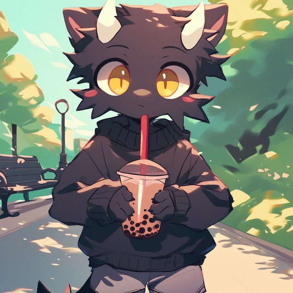 score_9_up, score_8_up, score_7_up, source_furry, mikus-poiuuShho, black dragon, black body, white horns, yellow eyes, park, holding, bubble tea, black sweater, gray shorts, 1boy, solo