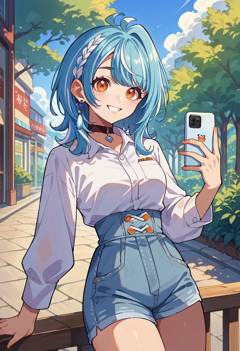 score_9, score_8_up, source_anime, 1girl, solo, ShiranamiRamune, orange eyes, multicolored hair, blue hair, white hair, braid, medium hair, ahoge, white shirt, dress shirt, black choker, holding cellphone, denim shorts, high-waist shorts, outdoors, smile, <lora:ChamShiranamiRamunePonyXL:1>