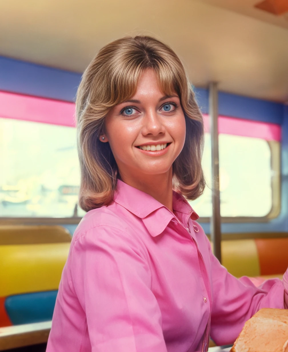 photo of olivia newton-john, decently clothed,   as a waitress in a 60s diner<lora:OliviaNewtonJohn:1>, professionally color graded masterpiece