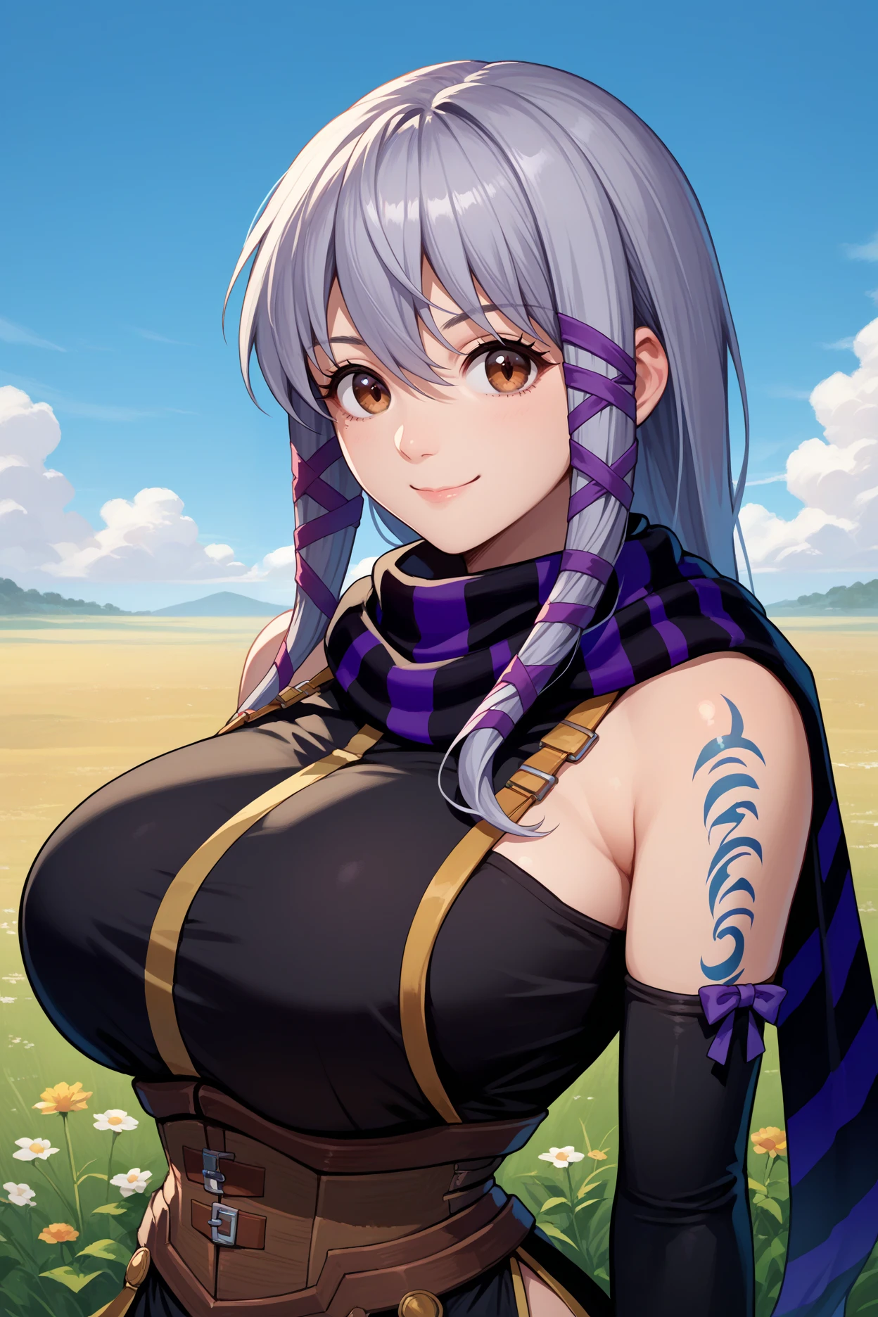 score_9, score_8_up, score_7_up, score_6_up, source_anime, 1girl, solo, <lora:clairlasbard-pdxl-nvwls-v1-000006:1> soClair, grey hair, brown eyes, long hair, hair ribbon, purple ribbon, striped scarf, black dress, corset, elbow gloves, black gloves, fingerless gloves, side slit, large breasts, tattoos, looking at you, smile, blue sky, field, upper body, happy, closed mouth, huge breasts, arms at sides