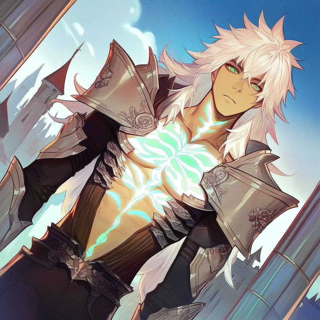 niji mode, a bear man magician secret agent, wearing a modern and stylish thin suit with glowing magic circuits, full body dynamic pose, human face with glowing delicate tribal tattoos and bluish green bear ears, using a glowing technological long spear with magic carvings , vibrant and bright scenery, hairy young man, with ethereal and devilish behavior, his features bathed in the green lunar glow. His skin, orange and bluish green, reflecting like a mirror, the starry night. Within his captivating gaze a swirl of galaxies, vibrant shades of cosmic dust and celestial wonders painting a mesmerizing tapestry in shades of green, a wild touch to his captivating gaze. His presence evokes a feeling of pride. As his presence draws attention, the enigmatic allure of this figure captivates the imagination, inviting contemplation of the hidden depths that lie beneath his captivating gaze. A kingdom of an ancient civilization with advanced technology, with tall buildings, blending into the vegetation. Wide scene, with several layers of depth, dynamic, cinematic. Studio ghibli, metal hurlant, traces of old anime.