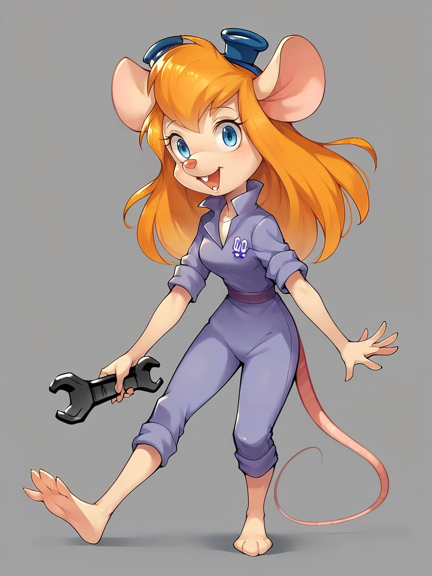 score_9, score_8_up, score_7_up, score_6_up, score_5_up,  <lora:gadgetXLP:1> gadget, 1girl, solo, long hair, mouse tail, mouse ears, blue eyes, furry, buck teeth, orange hair, wrench, barefoot,