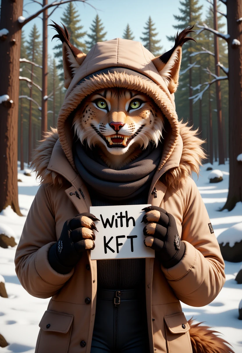 The image is a highly detailed, photorealistic digital painting of a anthropomorphic female lynx, a human-animal hybrid, set in a snowy forest. The lynx's head is positioned on a human body, with its face featuring striking, piercing green eyes, sharp teeth, and distinctive lynx fur markings. The lynx's fur is a rich, warm brown with distinctive black spots and a fluffy, white-tipped tail. The lynx is wearing a parka and a winter hat. She is wearing mittens. She is holding a sign that says "With KFT" and looks happy.