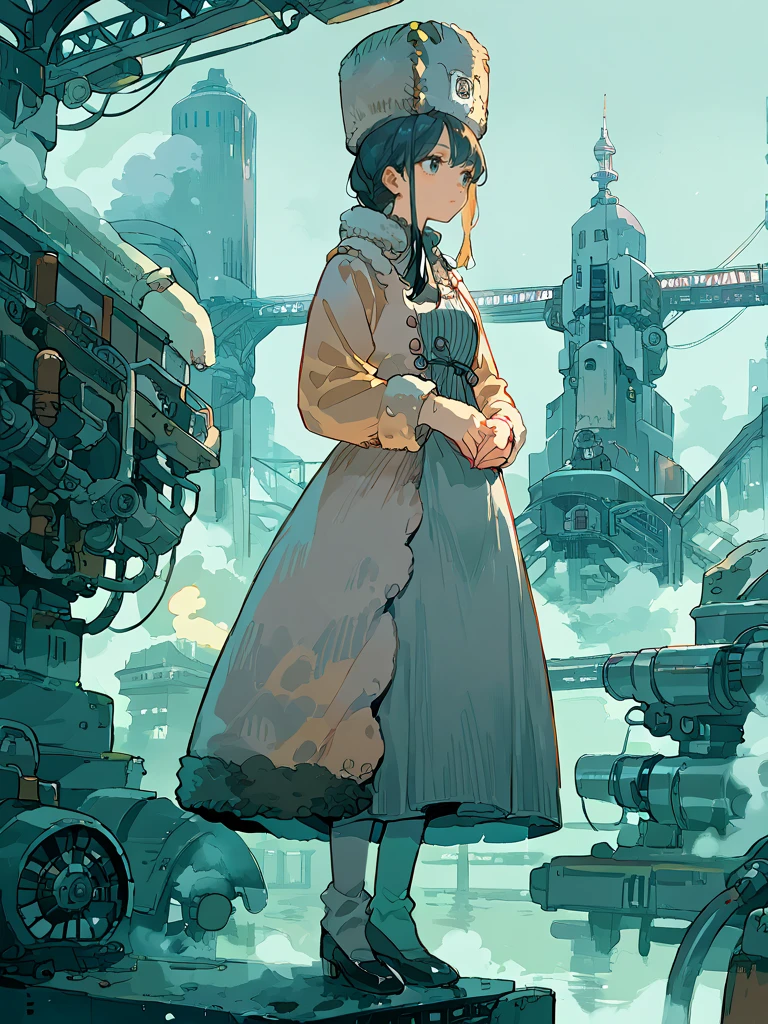 score_9,score_8_up,score_7_up,source_anime,higres illustration,1girl,<lora:papakha_pony:1>,papakha,fur hat,<lora:dieselpony:1>,dieselpunk,dress,factory,fog,solo,