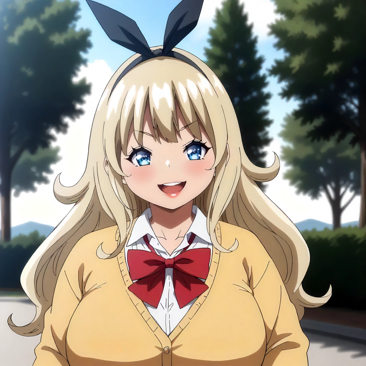 <lora:BnHgDR_RinaXLpony001>,
outdoors,
smile,open mouth,
solo,
Rina,1girl,blonde hair,ribbon,hairband,long hair,blue eyes,
large breasts,
yellow cardigan,red bow tie,