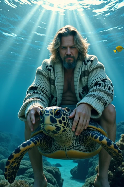 Epic movie poster, closeup shot of a man wearing a bath robe riding a sea turtle under the sea, hair is moving with the water, sun rays shining down, tropical fish and coral in the background, large centered aquatic text that reads GO WITH THE FLOW