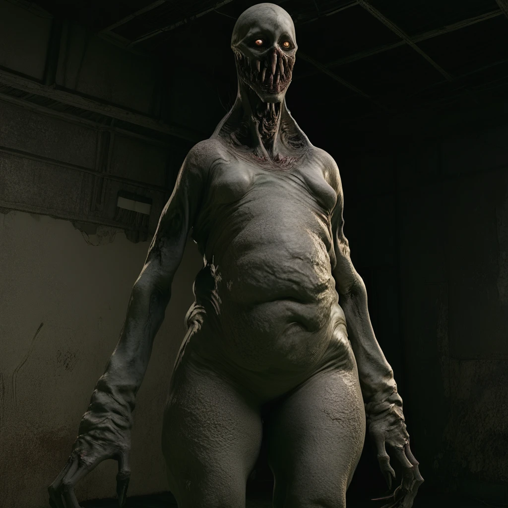 masterpiece, official art, 4k, best quality, high quality, 8k, (contrast), {{{vibrant}}}, ((ultra-detailed)), finely detail, Depth of field, (bloom), ray tracing, 1girl, solo, ominous, scary, (female beast:1.2), (small breasts, thick thighs, extra wide hips:1.4), (nude, nipples, navel, pussy:1.3), misty atmosphere, highres, realistic shadows, black fog,