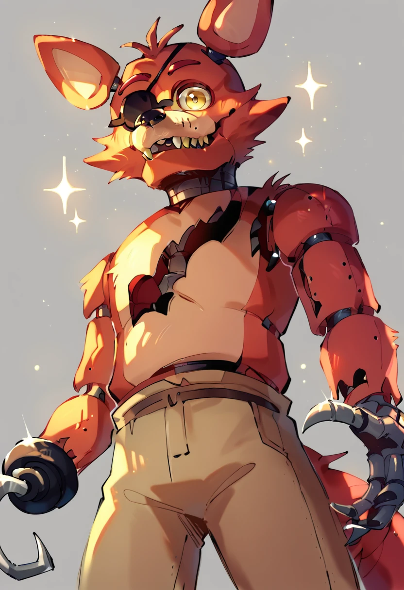 score_9, score_8_up, score_7_up, lots of details, highly detailed, (foxy), animatronic, low angle, gray background, yellow eyes, cute, brown pants, looking at viewer, hook, eyepatch, red fox, bright background, light particles, detailed, detailed eyes, hires, best quality <lora:Foxy:1>