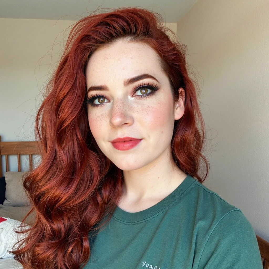 A photo of a woman with red hair. The photo includes her entire body. She is wearing red lipstick. She has bold black eyeliner. She has pink eyeshadow. She has a slight grin. She is looking directly into the camera. She has a natural skin texture. The skin is very detailed including skin pores. She has red nails
She is wearing a green tshirt