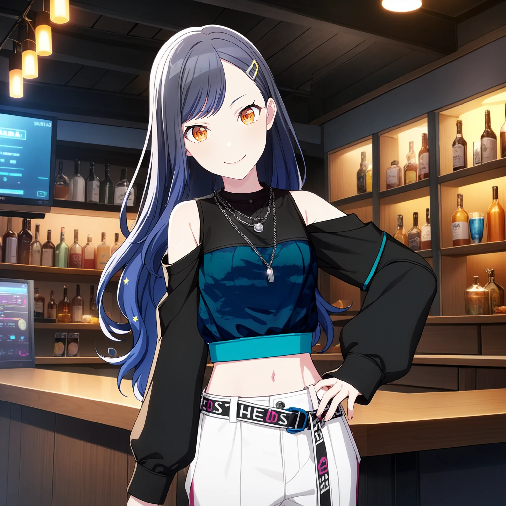 1girl, shiraishi an, project sekai, masterpiece, very aesthetic, absurdres, official art,
brandnew an, solo, black and royal blue gradient hair, long hair, orange eyes, bangs,
looking at viewer, smiling, hands on hip, dyagao,  BREAK
black long sleeves, off shoulders, necklace, sleeves past wrists, white pants, belt, navel, midriff,
in bar, indirect lighting, , Lounges bars, bar counter, luster, window, table, chair,
<lora:sdxl-vbs-BNAn04:1:lbw=0,0,0.2,0.2,0,0.4,0.4,0,0.8,0.8,0,0,0,0.8,0.8,0.6,0.8,0.0,0.0,0.0,0,0,0,0,0,0>