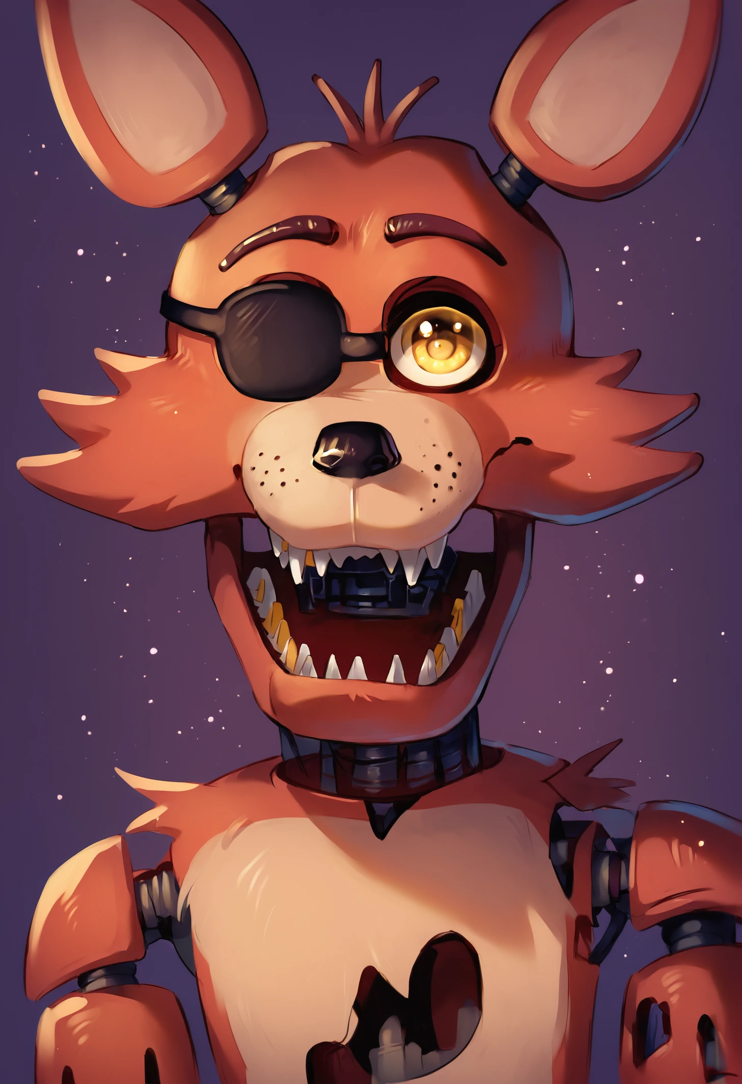 score_9, score_8_up, score_7_up, lots of details, highly detailed, FNaF, (foxy), animatronic, close-up, open mouth, detailed fur, yellow eyes, cute, black panties, looking at viewer, eyepatch, red fox, dark purple background, light particles, detailed, detailed eyes, hires, best quality <lora:Foxy:1>