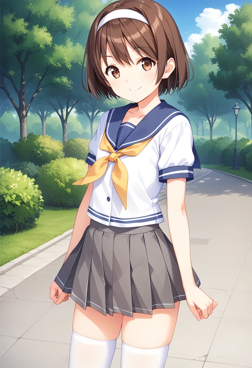 cowboy shot, standing, park, smile, <lora:KC_01DD_tanikaze_pony-000032:1> tanikazekc, brown hair, short hair, white hairband, brown eyes, flat chest,        tanikazedefkc, serafuku, blue sailor collar, white shirt, short sleeves, yellow neckerchief, grey skirt, miniskirt, white thighhighs,, score_9,score_8_up, score_7_up, source_anime, masterpiece, best quality,  official art, official style, game cg, megami magazine, rating_safe, rating_questionable, NEGATIVE_HANDS,  <lora:DetailedPerfect_hands_r1:1>