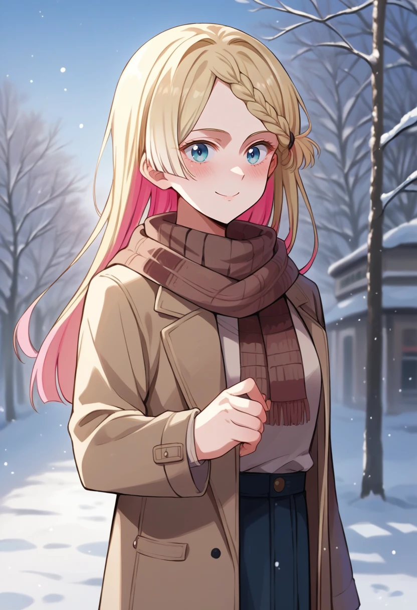 score_9, score_8_up, source_anime, 1girl, solo, SeiraKurusu, blue eyes, colored inner hair, blonde hair, pink hair, long hair, braid, turtleneck sweater, long skirt, outdoors, scarf, winter, smile, blush, <lora:ChamSeiraKurusuPonyXL:1>