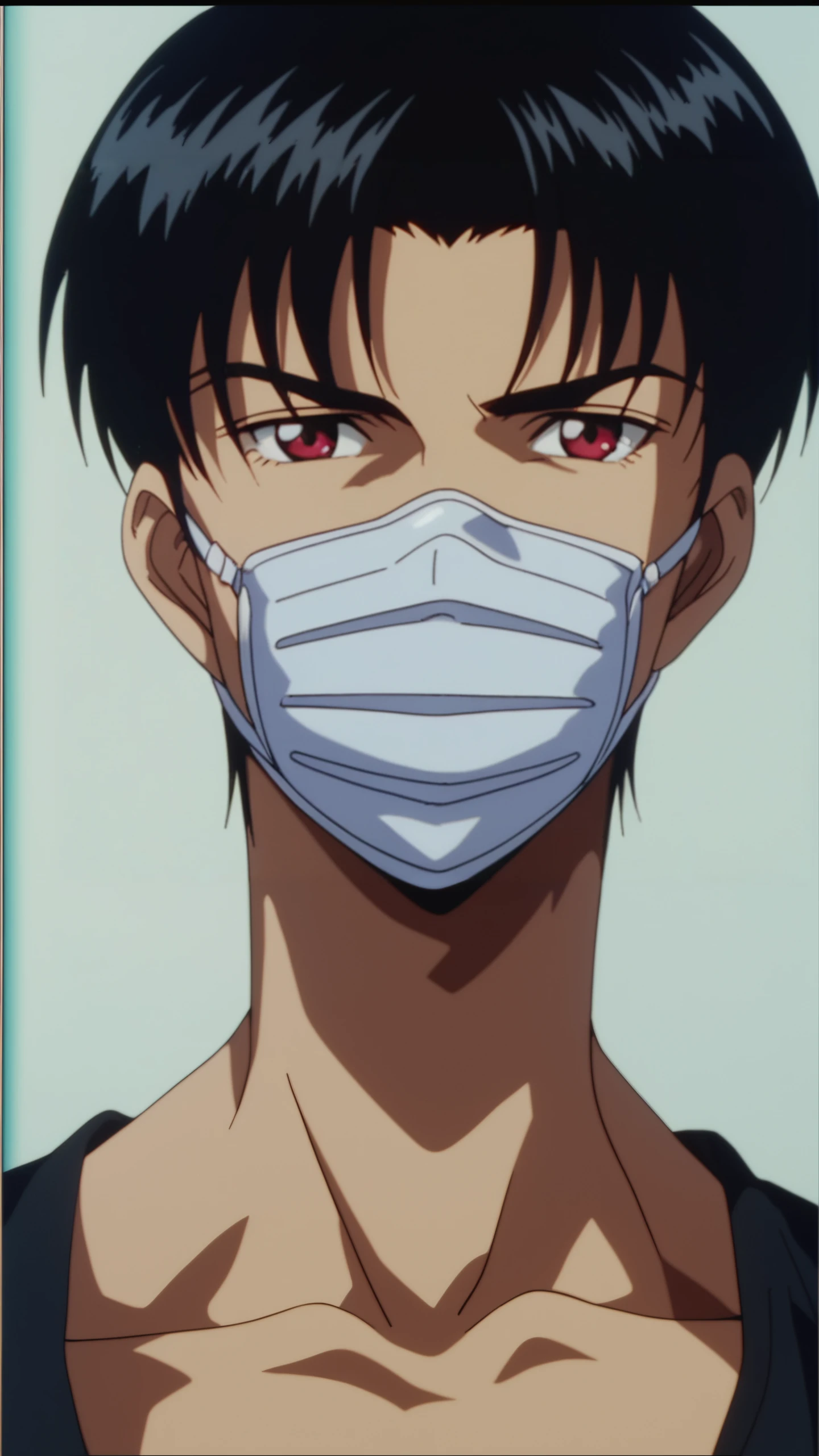 score_9, score_8_up, score_7_up, Analog style, vhs style, Dvd screengrab, old anime, classic anime, i want the whole image to be created in 3D anime style, solo, looking at viewer, short hair, simple background, black hair, red eyes, 1boy, male focus, collar, mask, bdsm, portrait, close-up, mouth mask